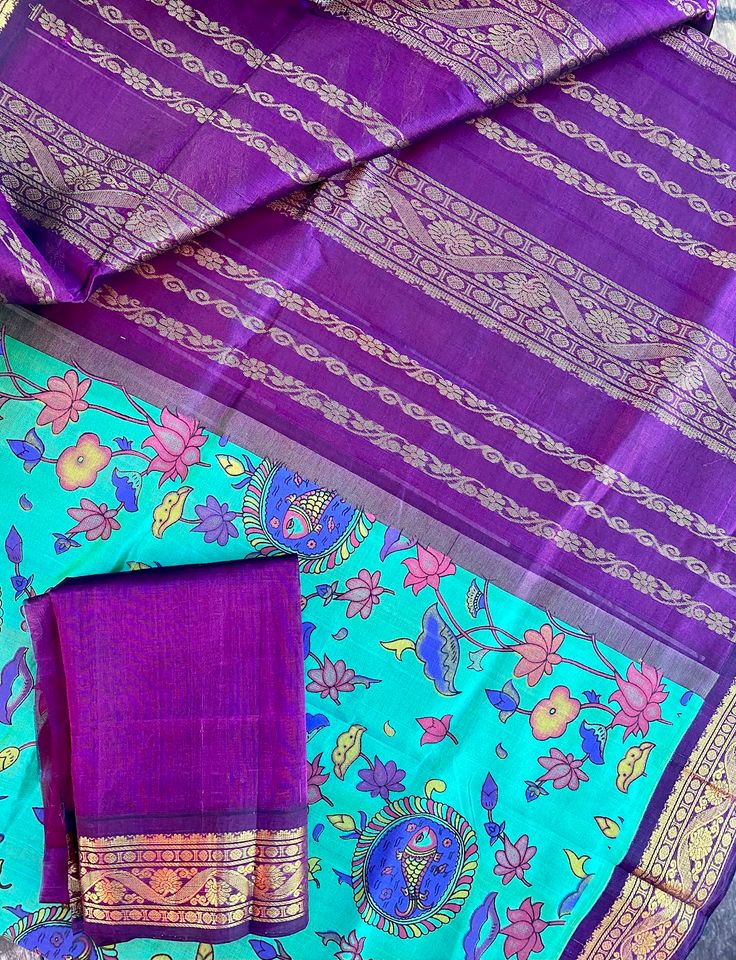 Kanjivaram Kalamkari Silk Cotton Saree Korvai Border -Turquoise blue w/ Purple