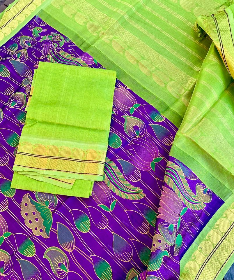 Kanjivaram Kalamkari Silk Cotton Saree Korvai Border - Purple w/ Light green