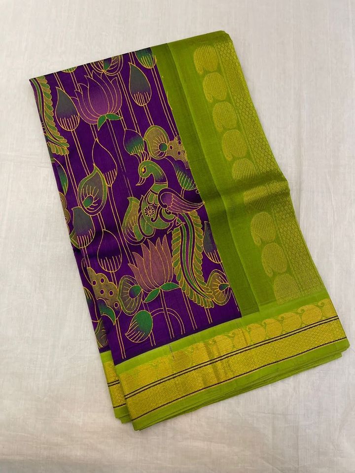 Kanjivaram Kalamkari Silk Cotton Saree Korvai Border - Purple w/ Light green