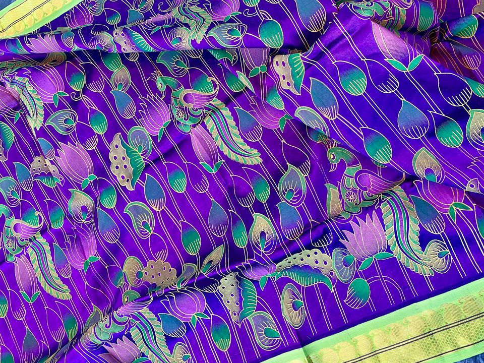 Kanjivaram Kalamkari Silk Cotton Saree Korvai Border - Purple w/ Light green