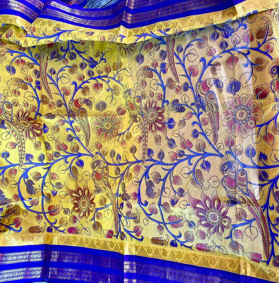 Kanjivaram Kalamkari Silk Cotton Saree Korvai Border -Yellow w/ Indigo