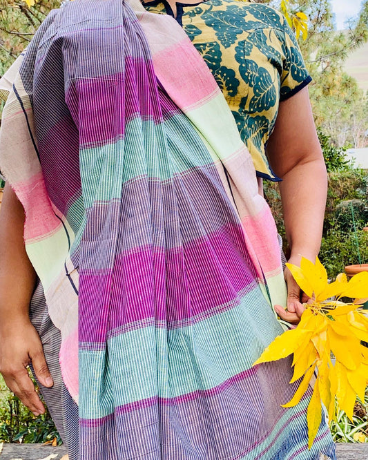 Patteda Anchu Handloom Saree - Green/ Pink checks with White border