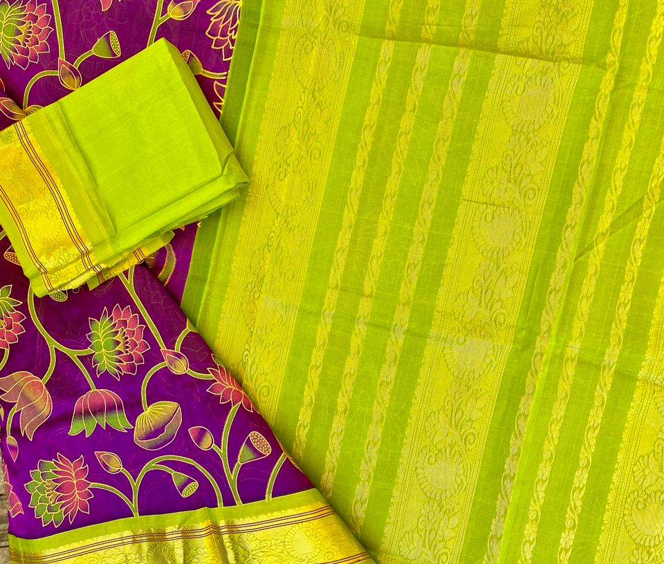 Kanjivaram Kalamkari Silk Cotton Saree Korvai Border - Purple w/ Light green-Lotus