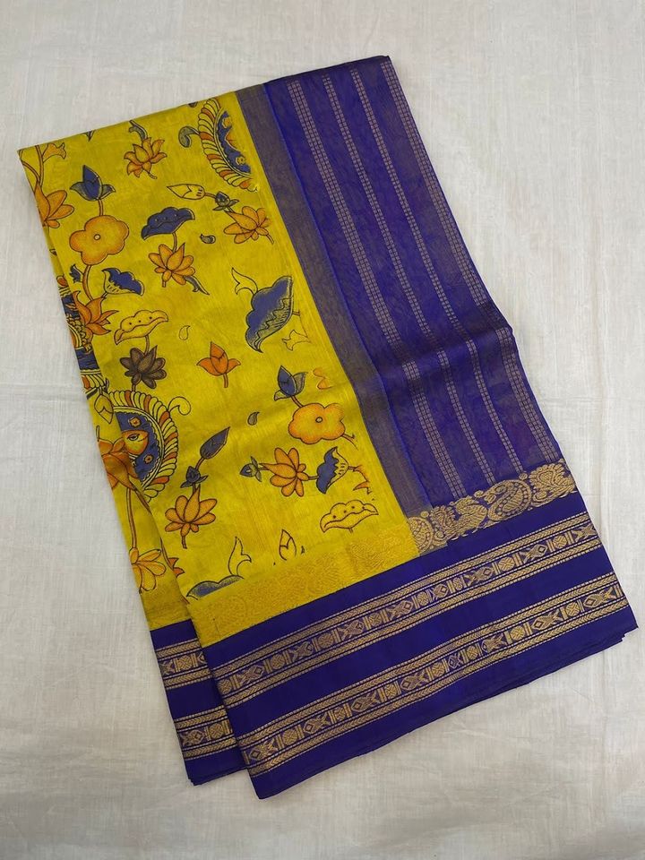 Kanjivaram Kalamkari Silk Cotton Saree Korvai Border -Yellow w/ Indigo-Fish