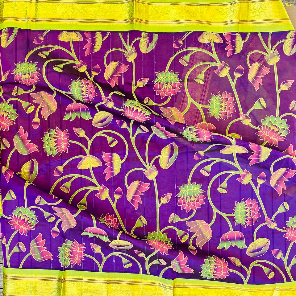 Kanjivaram Kalamkari Silk Cotton Saree Korvai Border - Purple w/ Light green-Lotus