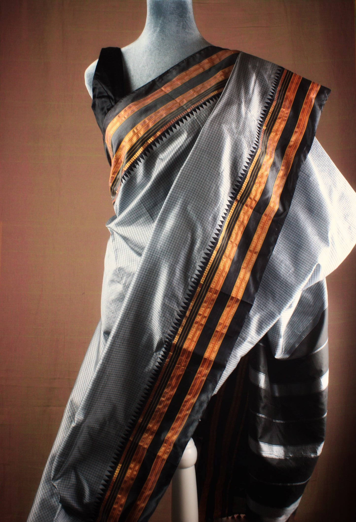 Narayanpet Silk Saree - Gray checks w/ Black