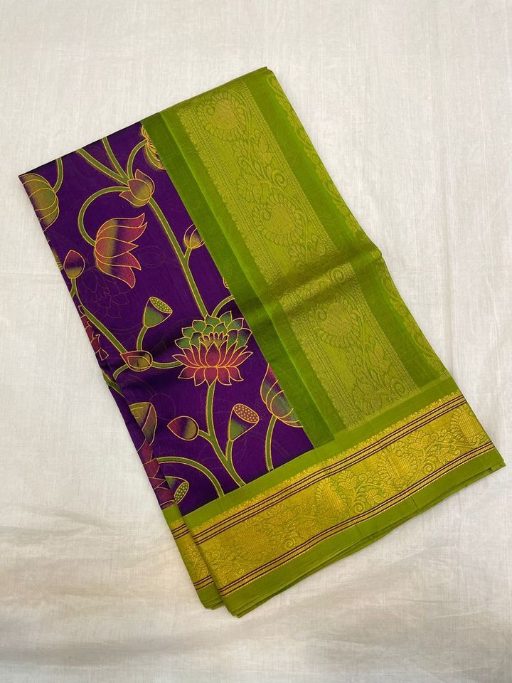 Kanjivaram Kalamkari Silk Cotton Saree Korvai Border - Purple w/ Light green-Lotus