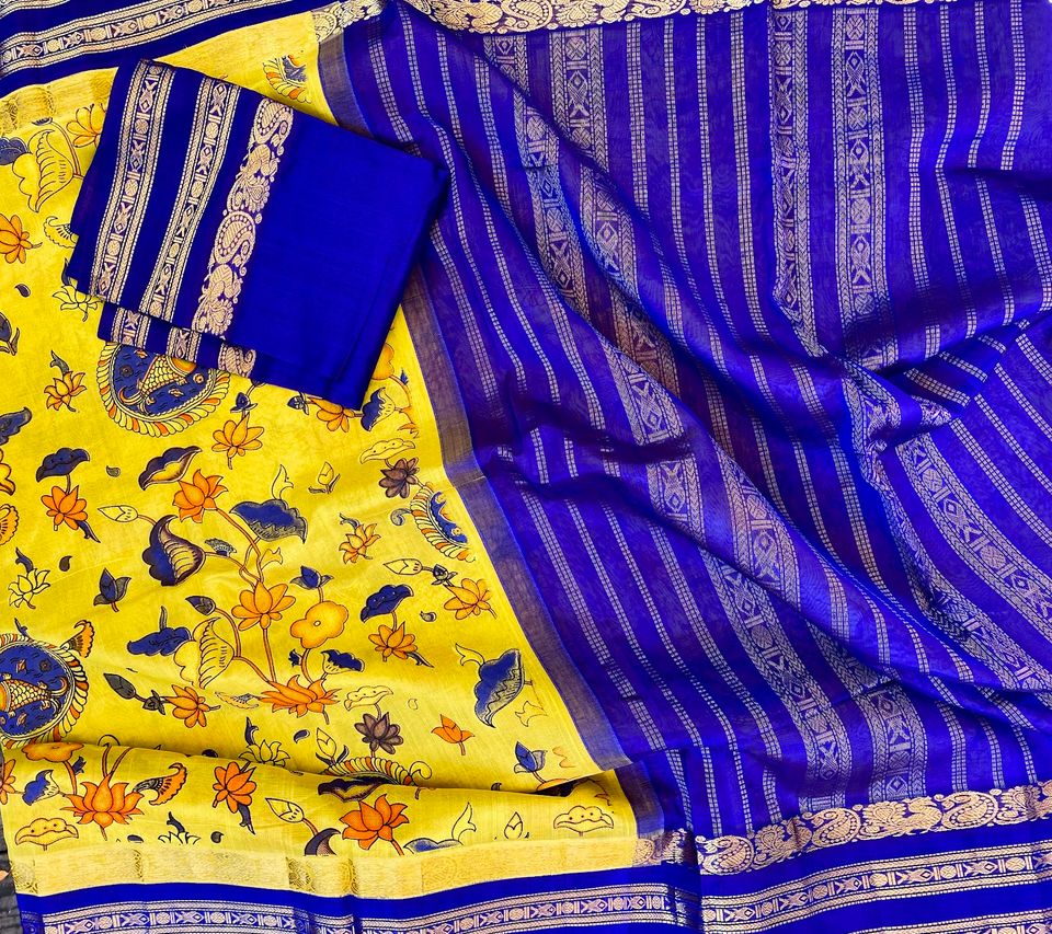 Kanjivaram Kalamkari Silk Cotton Saree Korvai Border -Yellow w/ Indigo-Fish