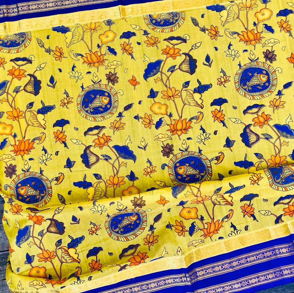 Kanjivaram Kalamkari Silk Cotton Saree Korvai Border -Yellow w/ Indigo-Fish