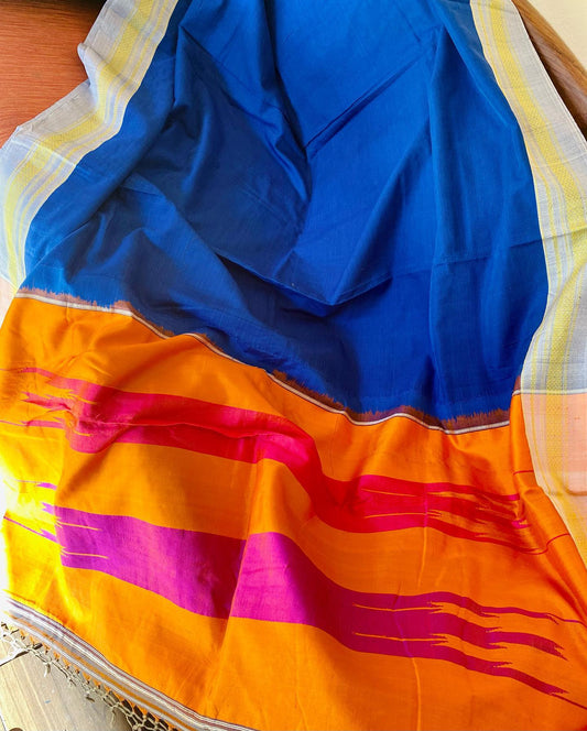 Ilkal Handloom Saree - Blue w/ White border