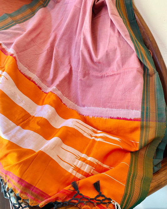 Ilkal Handloom Saree - Pink w/ Green