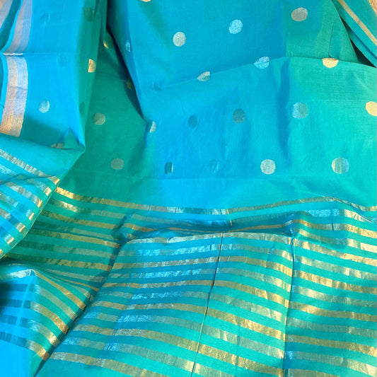 Venkatagiri Cotton Saree - Turquoise blue - polka dots