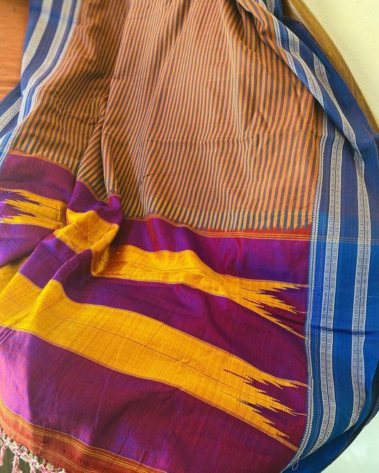 Ilkal Handloom Saree - Stripes w/ Blue border