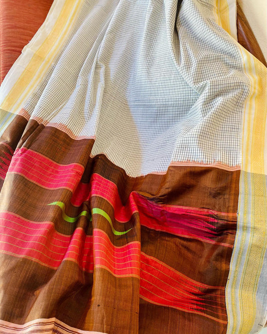 Ilkal Handloom Saree -Checks w/ White border