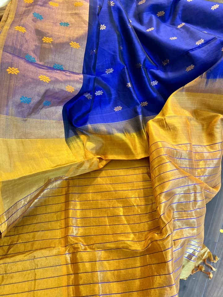 Venkatagiri Handloom Silk Cotton Saree - Indigo w/ Yellow