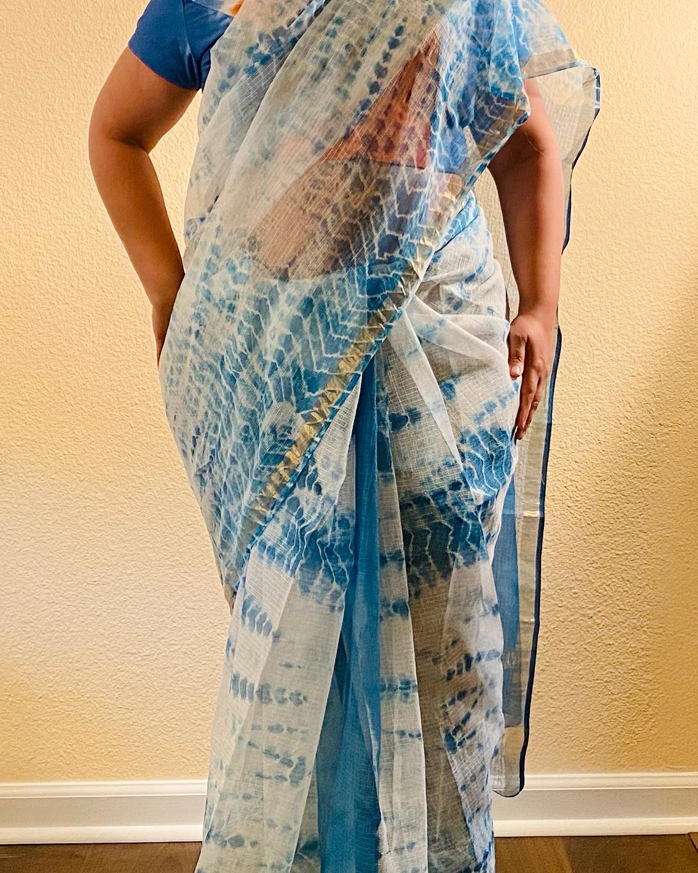 Kota Doria Saree w/ Shibori dye- White/blue