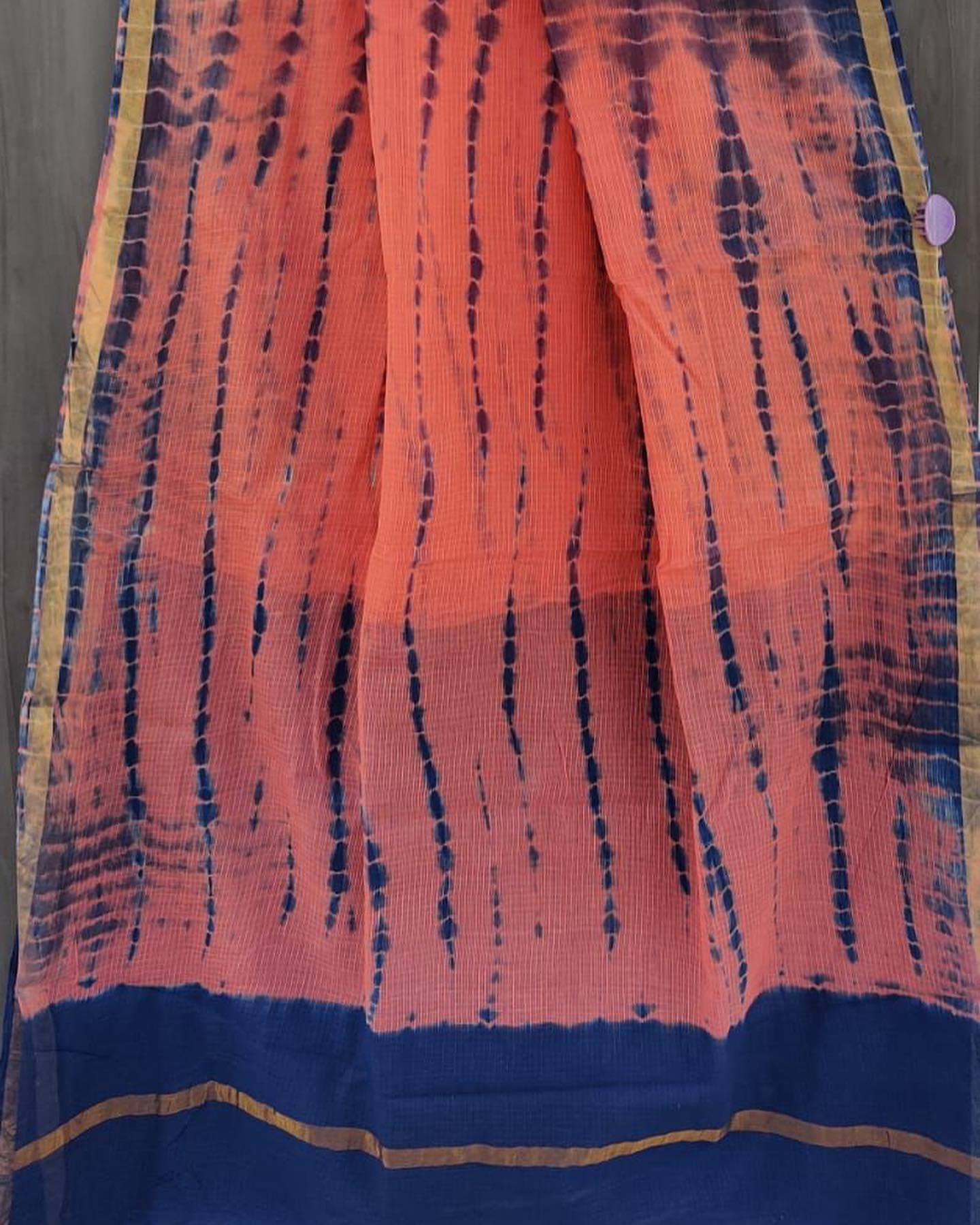 Kota Doria Saree w/ Shibori dye- Orange/ Indigo