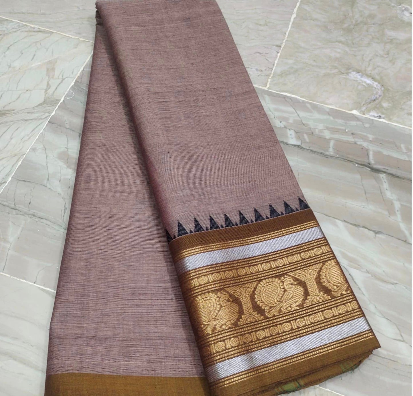 Chettinad Handloom Saree - Pastel Brown w/ Silver Gold zari Khaki border