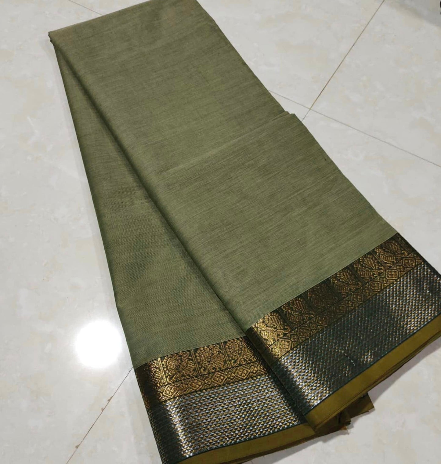 Chettinad Handloom Saree - Pastel green w/ Silver Gold zari border