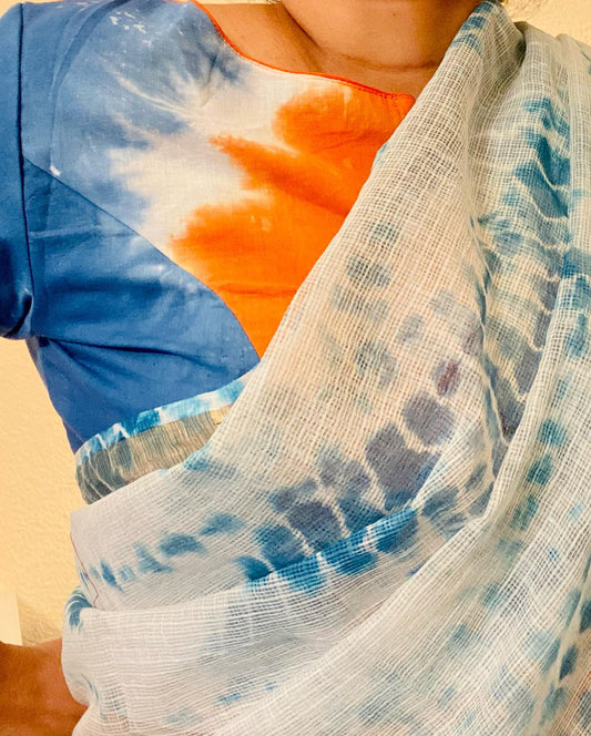 Kota Doria Saree w/ Shibori dye- White/blue