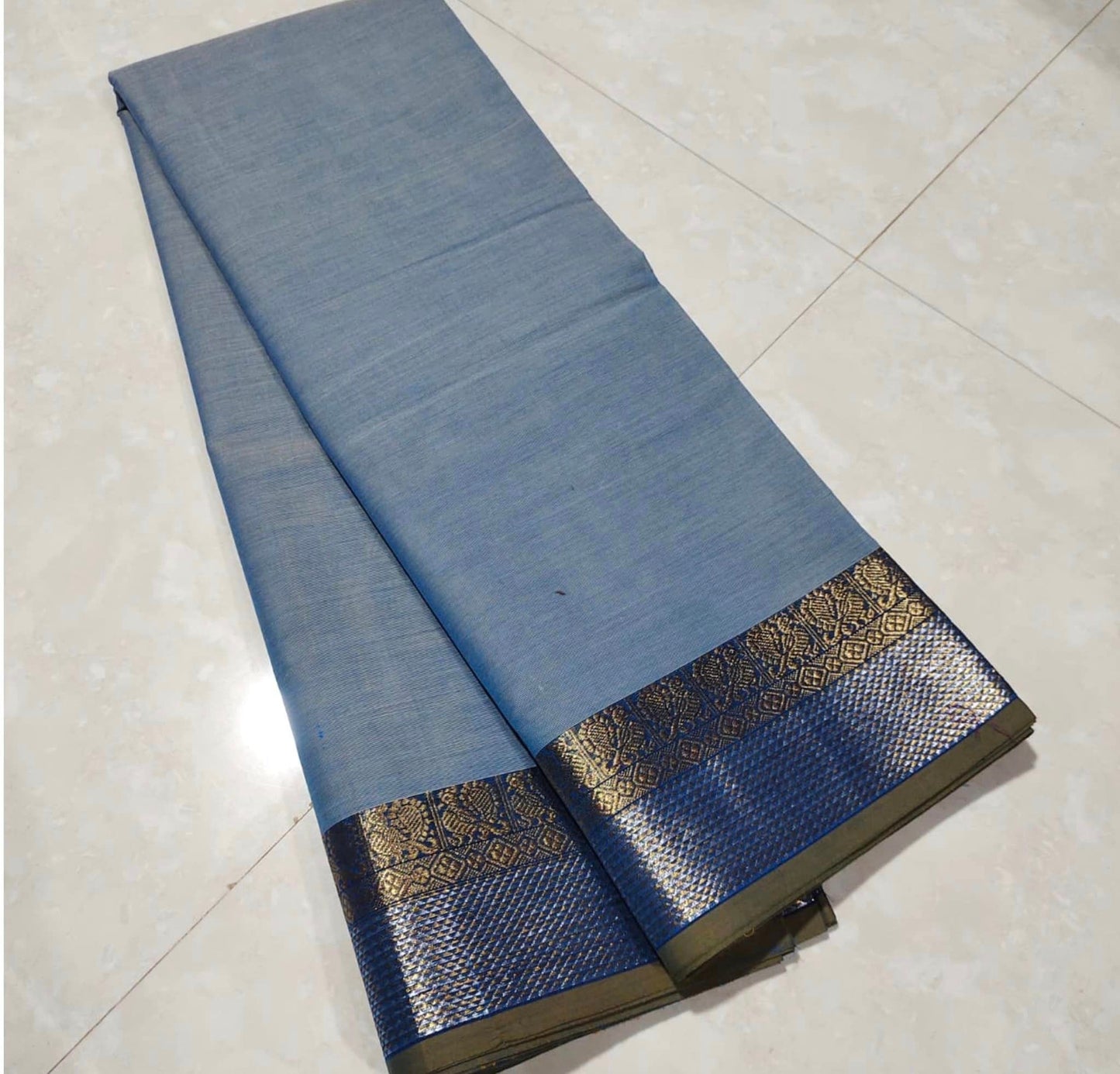 Chettinad Handloom Saree - Pastel blue w/ Silver Gold zari border