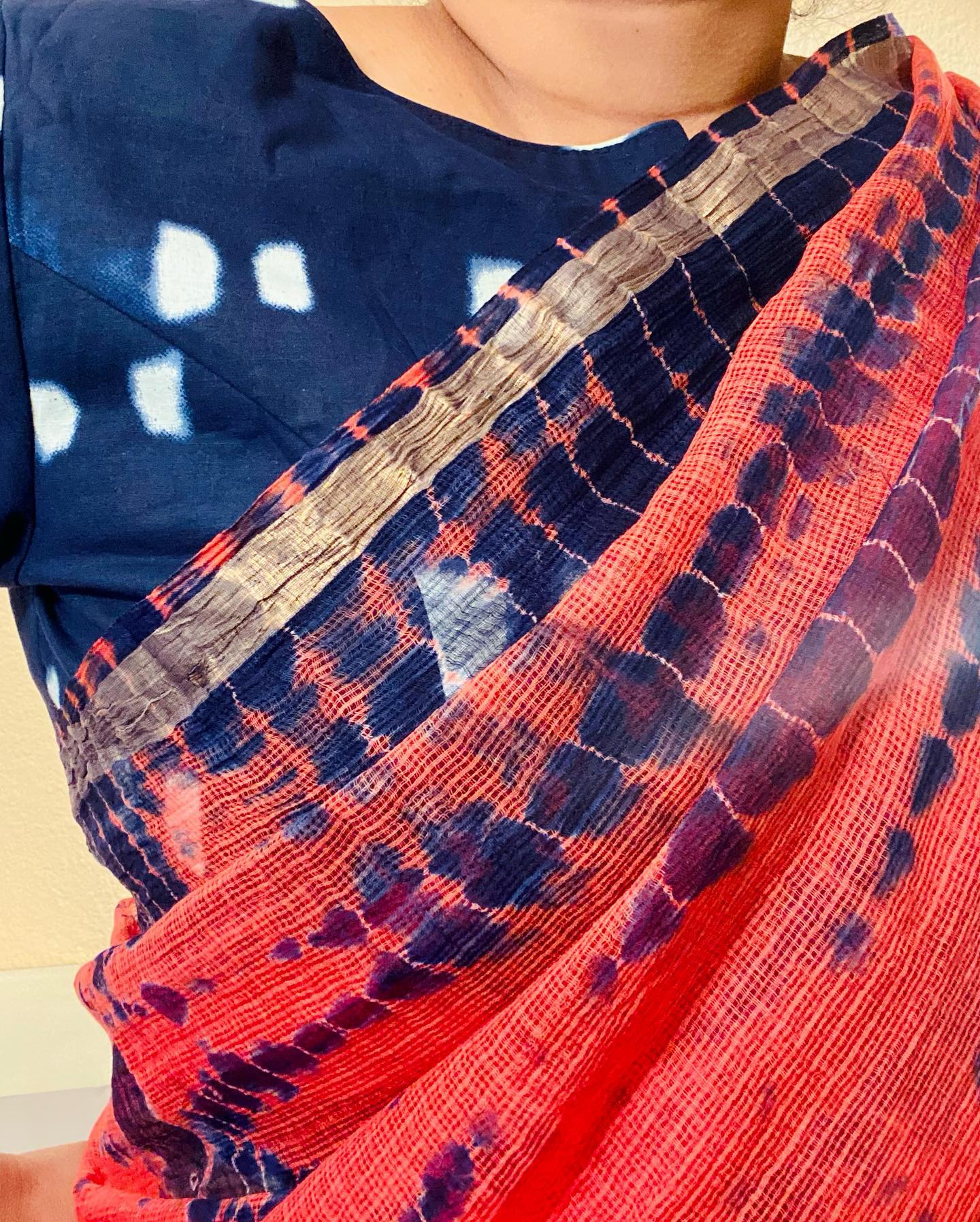 Kota Doria Saree w/ Shibori dye- Orange/ Indigo