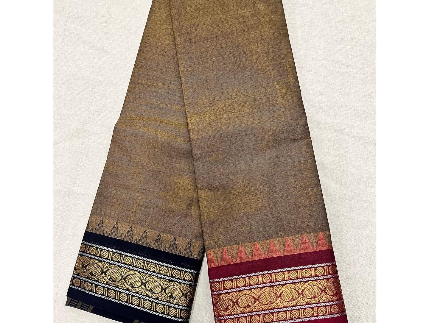 Chettinad Handloom Saree - Gray w/ Black, Pink