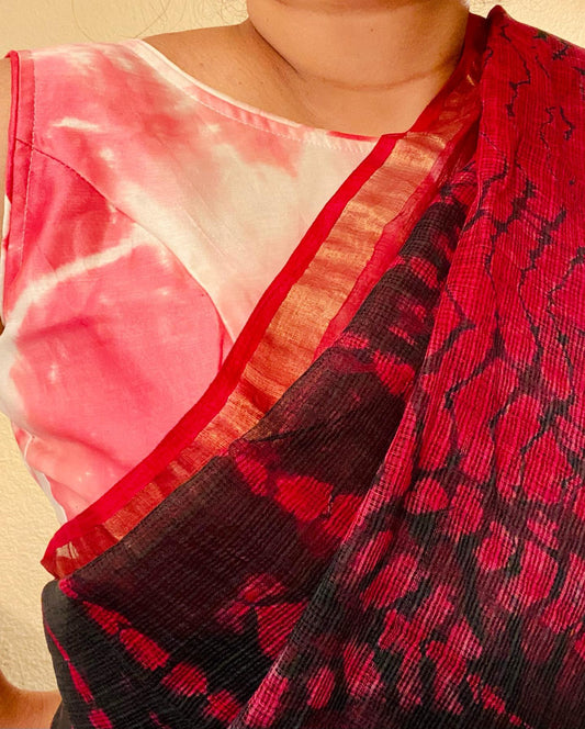 Kota Doria Saree w/ Shibori dye- Gray/ Fuchsia