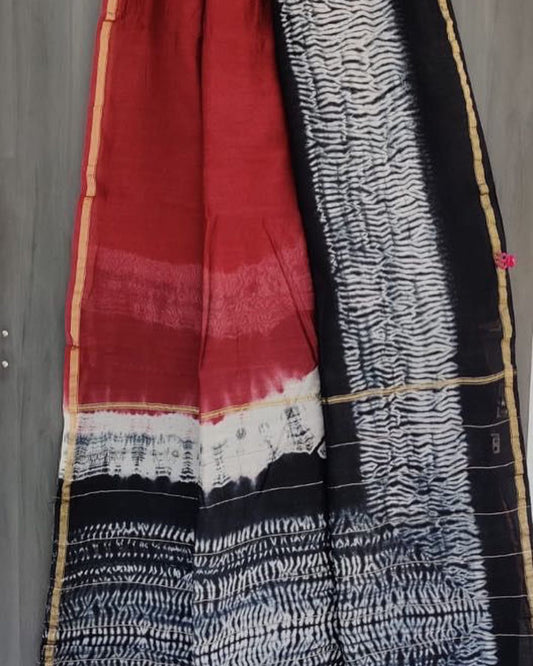 Chanderi Silk Cotton Saree w/ Shibori dye - Red/Black