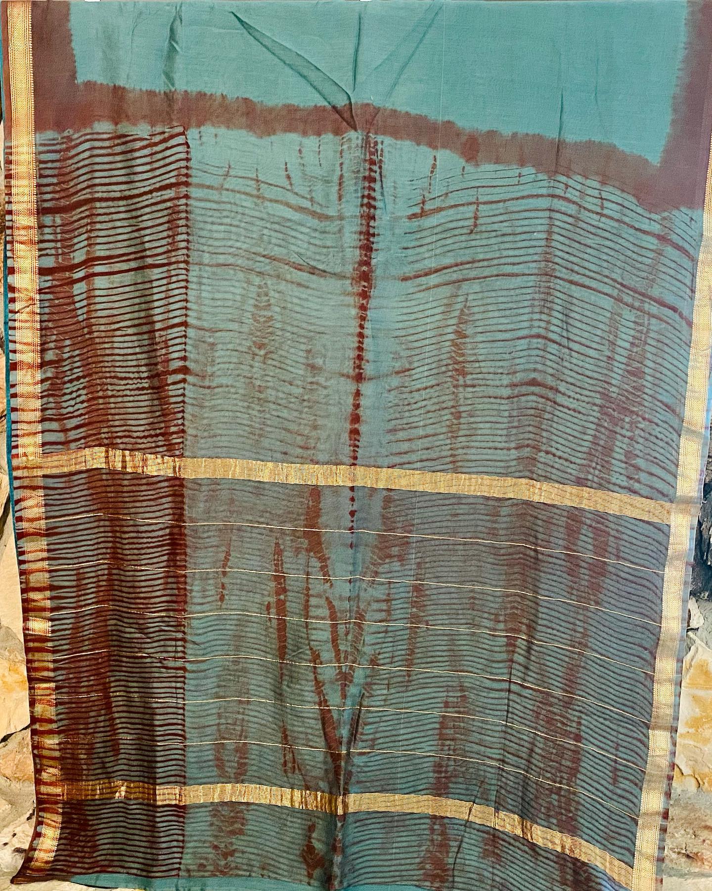 Shibori Natural Dye Chanderi Silk Cotton Saree - Teal Brown Stripe