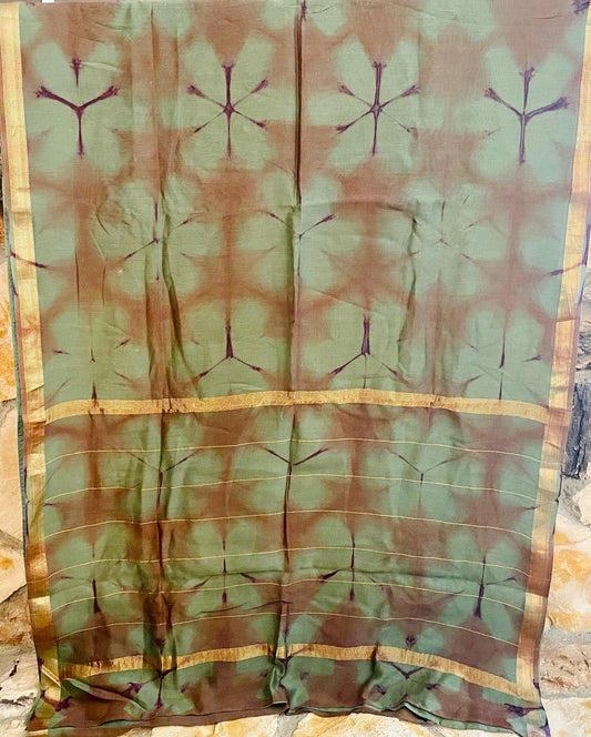 Shibori Natural Dye Chanderi Silk Cotton Saree - Teal Brown Flower