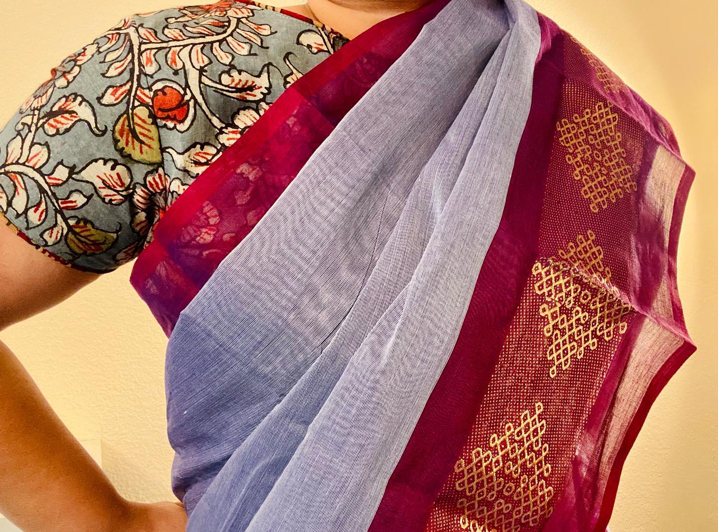 Chettinad Handloom Saree - Powder Blue w/ Burgundy Kolam