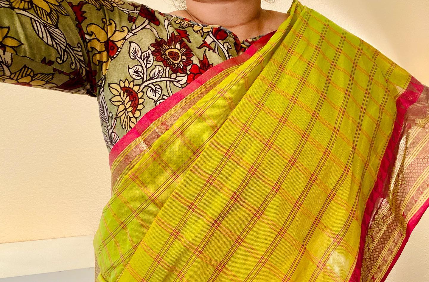 Chettinad Handloom Saree - Light Green w/ Pink Checks