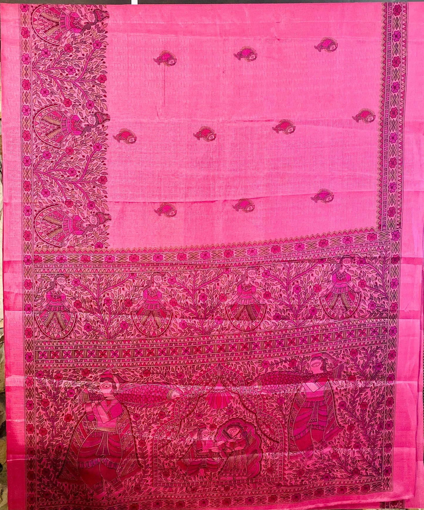 Bamboo Silk Hand Block Print Saree - Dark Pink