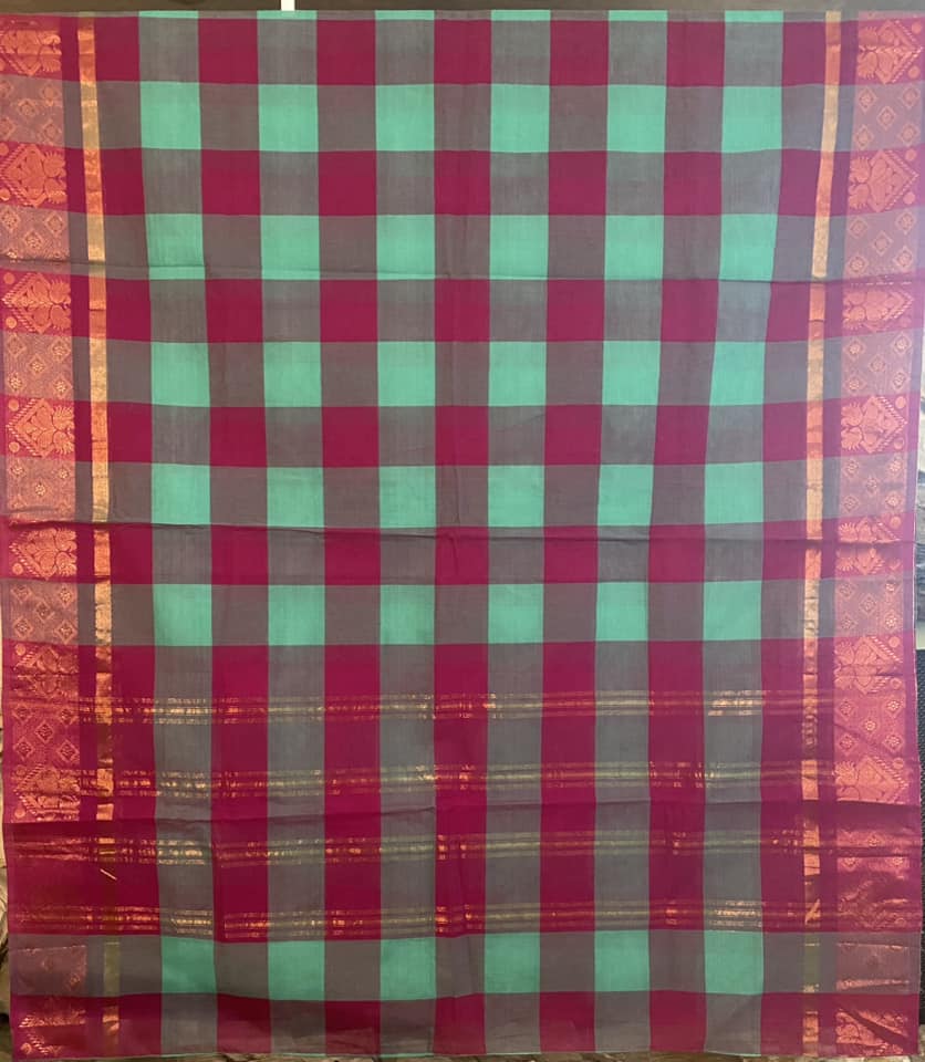 Kandangi Handloom Saree - Checks - Pink/Teal