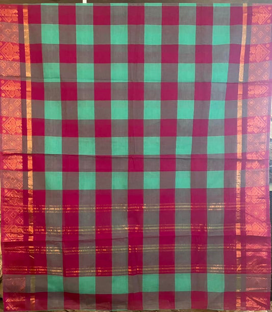 Kandangi Handloom Saree - Checks - Pink/Teal