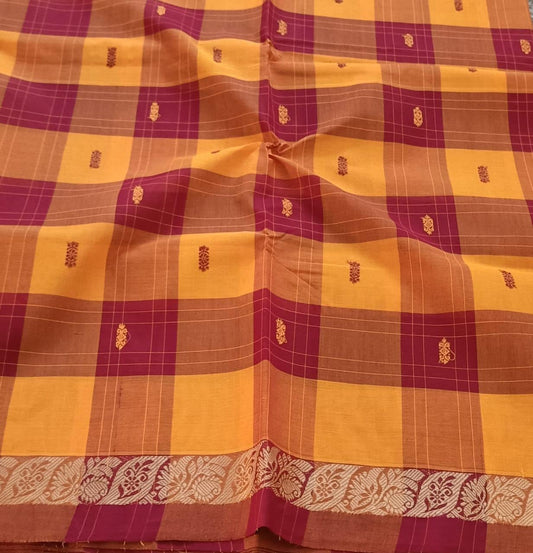 Kandangi Handloom Saree - Checks - Yellow/ Maroon