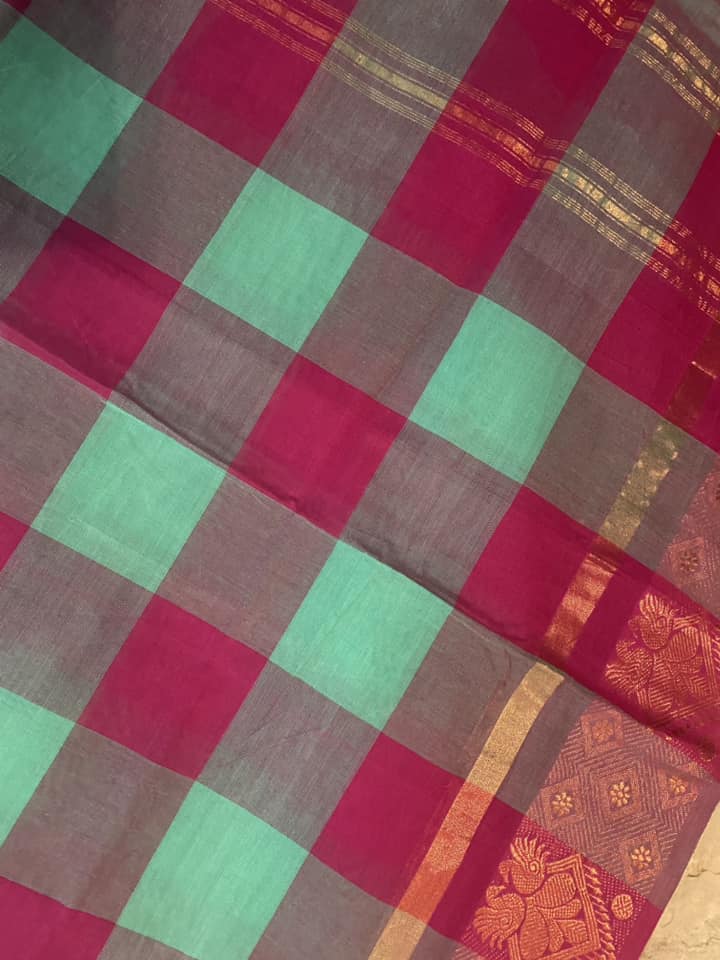 Kandangi Handloom Saree - Checks - Pink/Teal