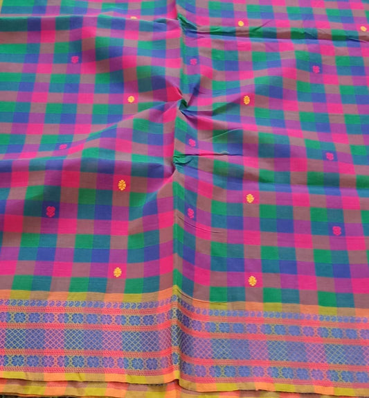 Kandangi Handloom Saree - Checks - Pink/Blue/Green