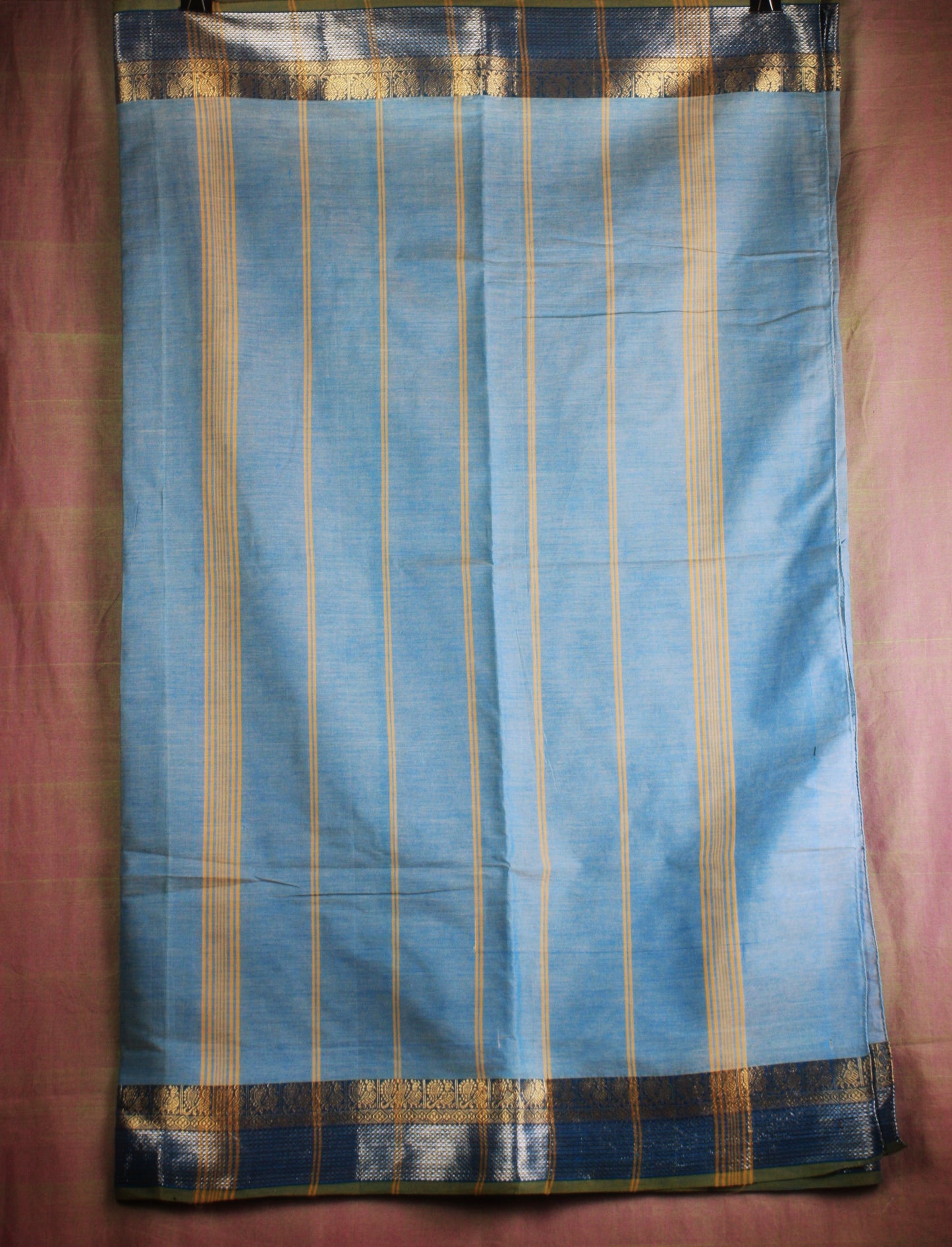 Chettinad Handloom Saree - Pastel blue w/ Silver Gold zari border