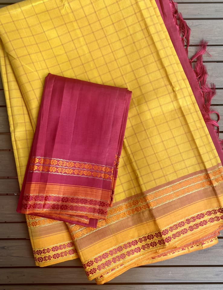 Kanjivaram Pure Silk Pure Zari Saree - Yellow w/ Orange,Red