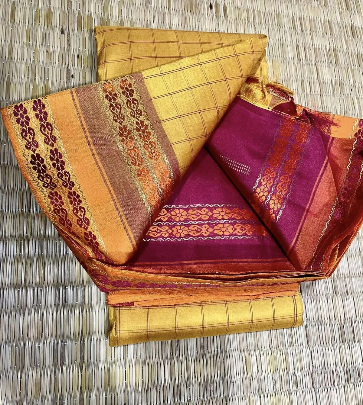 Kanjivaram Pure Silk Pure Zari Saree - Yellow w/ Orange,Red