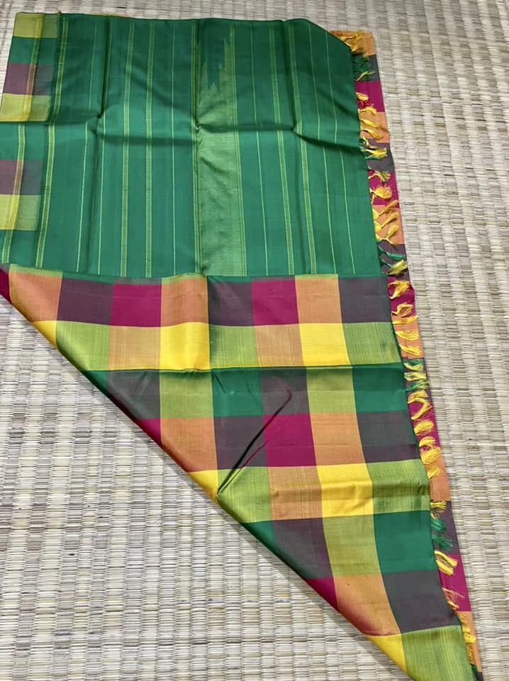 Kanjivaram Pure Silk Saree - Green Checks