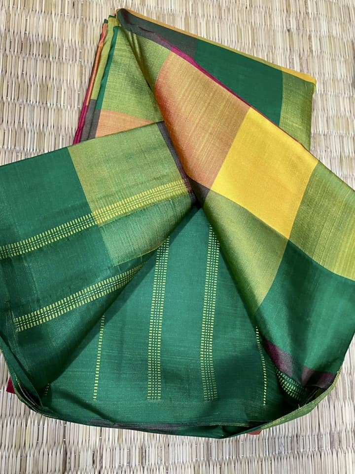 Kanjivaram Pure Silk Saree - Green Checks