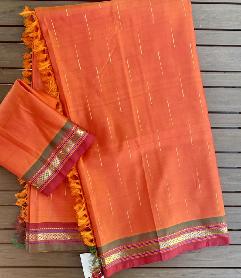 Kanjivaram Pure Silk Pure Zari Saree - Orange w/ Red, Green