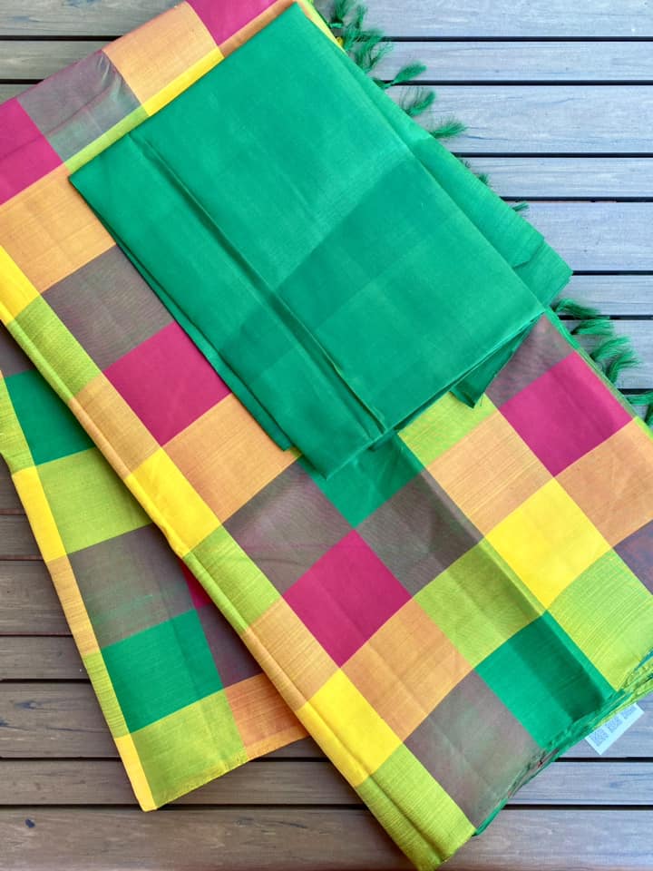 Kanjivaram Pure Silk Saree - Green Checks