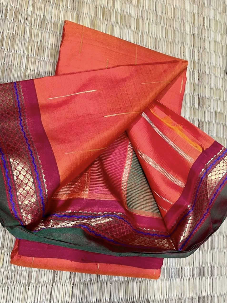 Kanjivaram Pure Silk Pure Zari Saree - Orange w/ Red, Green