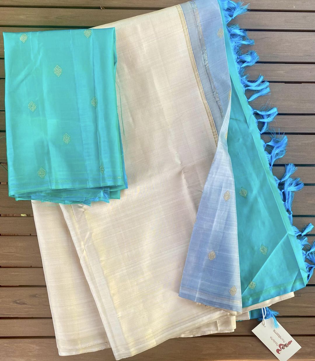 Kanjivaram Pure Silk Zari Saree - Off White w/ Gray, Turquoise Blue