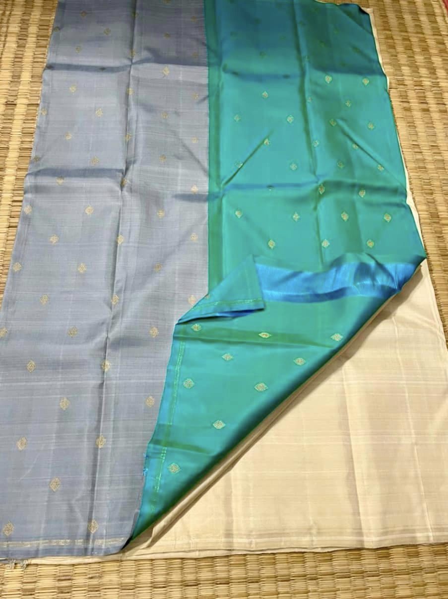 Kanjivaram Pure Silk Zari Saree - Off White w/ Gray, Turquoise Blue