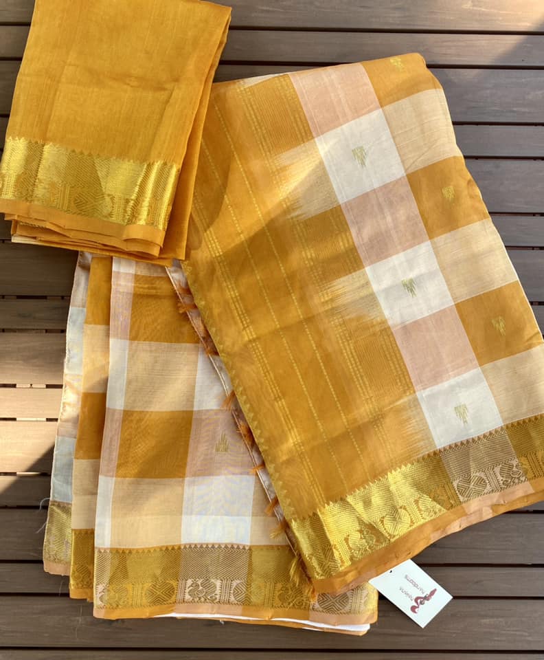 Kanjivaram Silk Cotton Saree - Yellow Checks